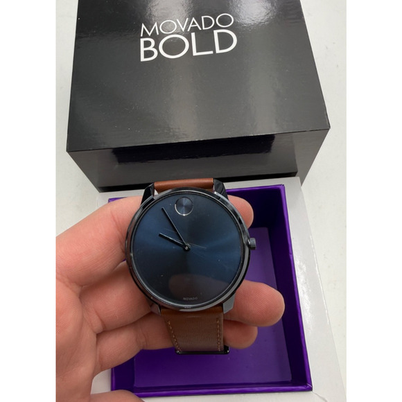 Movado Bold Quartz Blue Navy Dial Leather Strap Men\'s Watch Tested Working main image 5